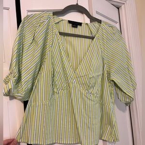 Sanctuary Green and White Puff Sleeve Blouse